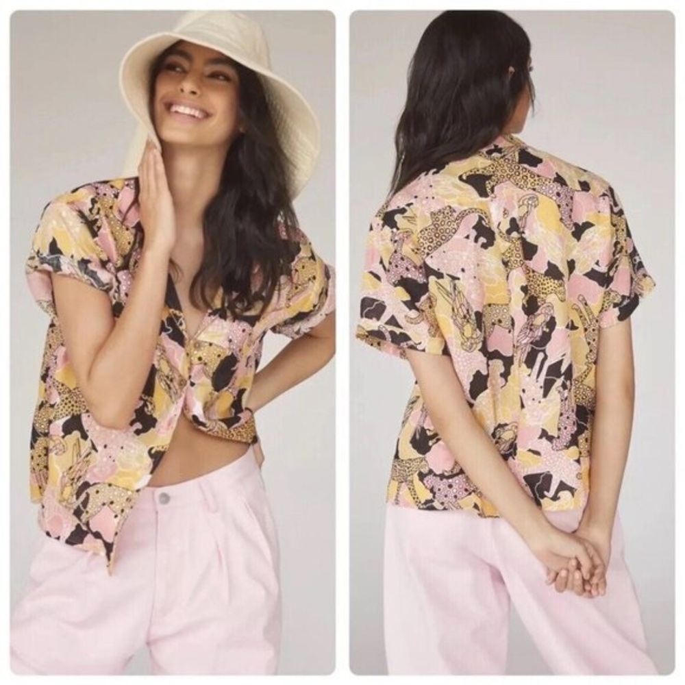 Maeve/Anthro Printed Buttondown Surf Shirt - Linen - Black/Pink/Yellow - Picture 3 of 8